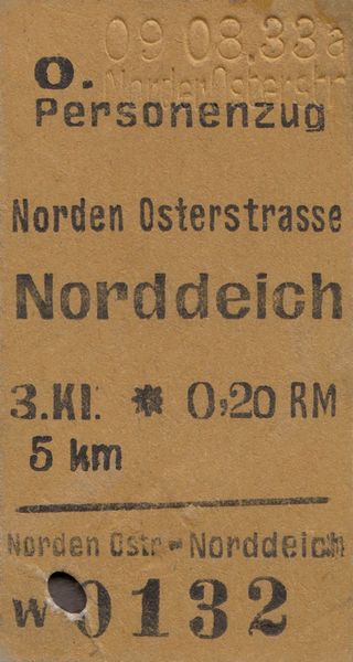 Datei:Bahnfahrkarte Norden Osterstraße nach Norddeich 09 08 1933.jpg